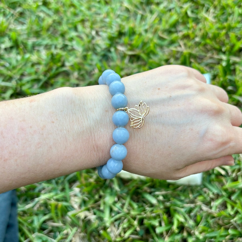 Angelite Gemstone Bracelet with Gold-Plated Lotus Charm - Picture 1 of 2